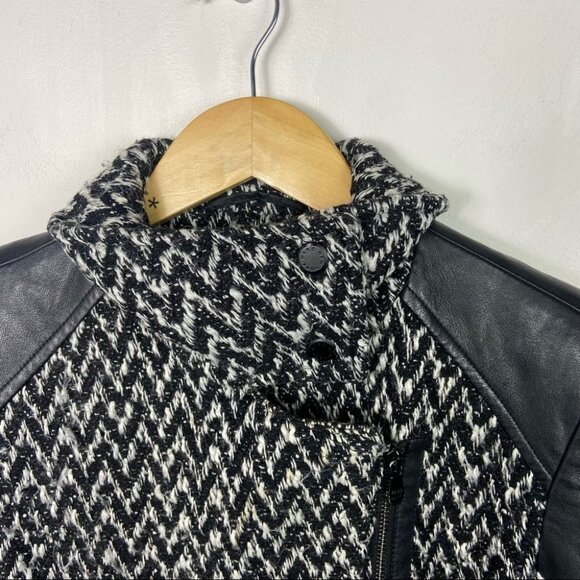 Marc New York Andrew Marc Tweed‎ Jacket Black Faux Leather Coat Size 2 Chevron - Picture 9 of 15